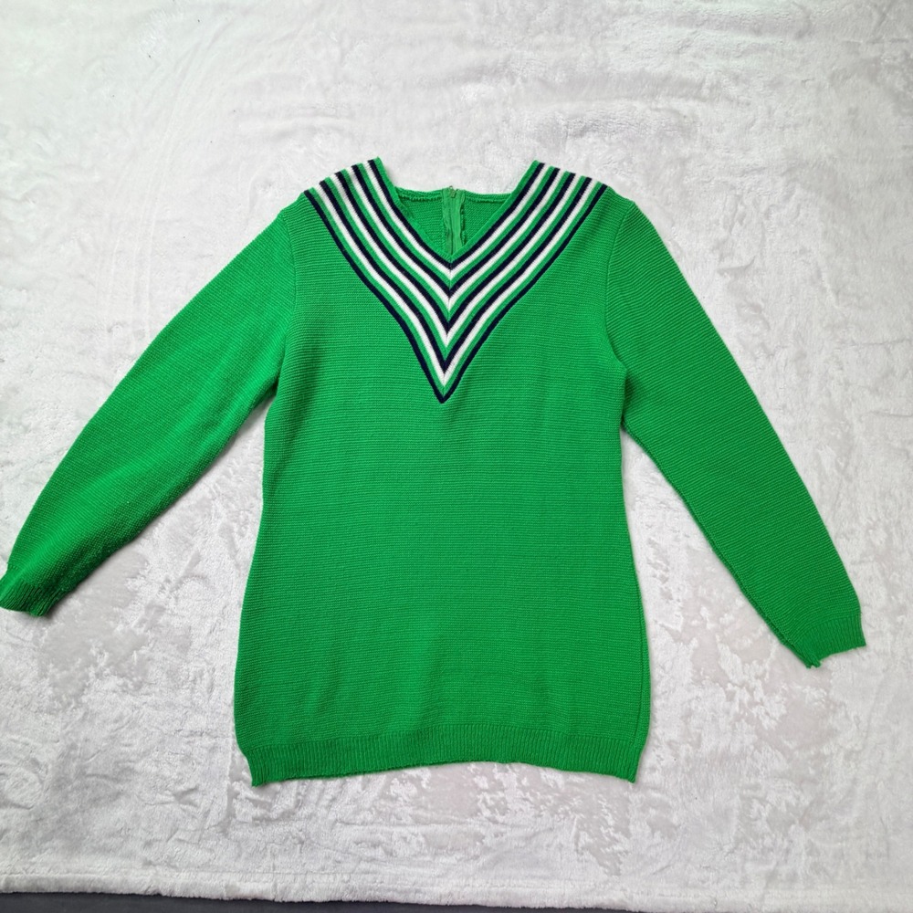 Vintage 70s Retro Green Striped V-Neck Knit Sweater Varsity Preppy Zip Back Top - Picture 3 of 8